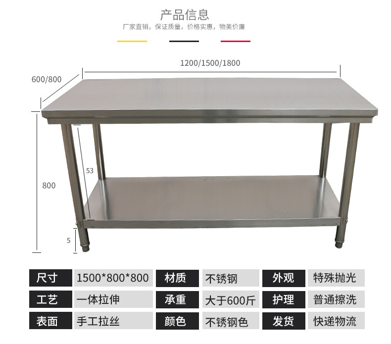 包郵雙層201不銹鋼工作臺(tái)廚房案板操作臺(tái)組裝式打包工作臺(tái)打荷臺(tái)